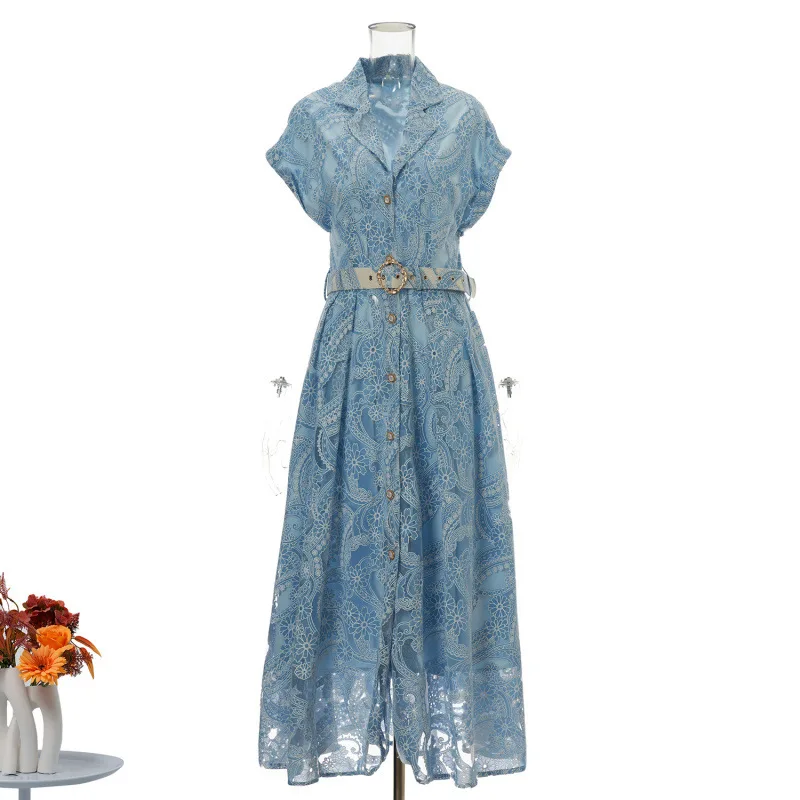 

Ele High Waist Lace Embroidery Suit Collar Dr Button Detail Waist Cinching Long Skirt Spring Summer Vaion Sle