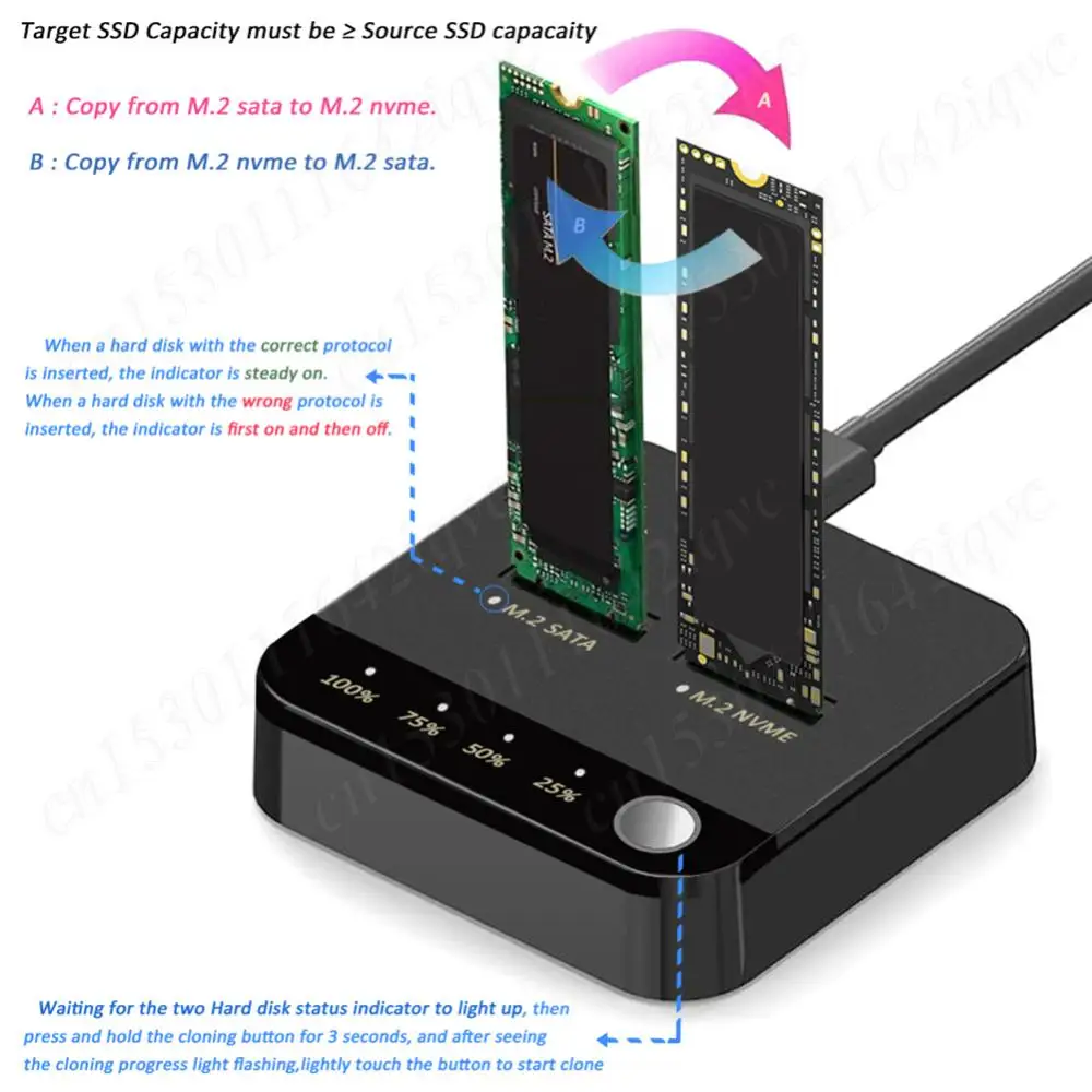 M.2 SATA/NVMe ناسخة القرص الصلب ثنائية الخليج مع مؤشر LED محطة إرساء الناسخ M.2 SSD الناسخ القراءة لبيانات المتجر