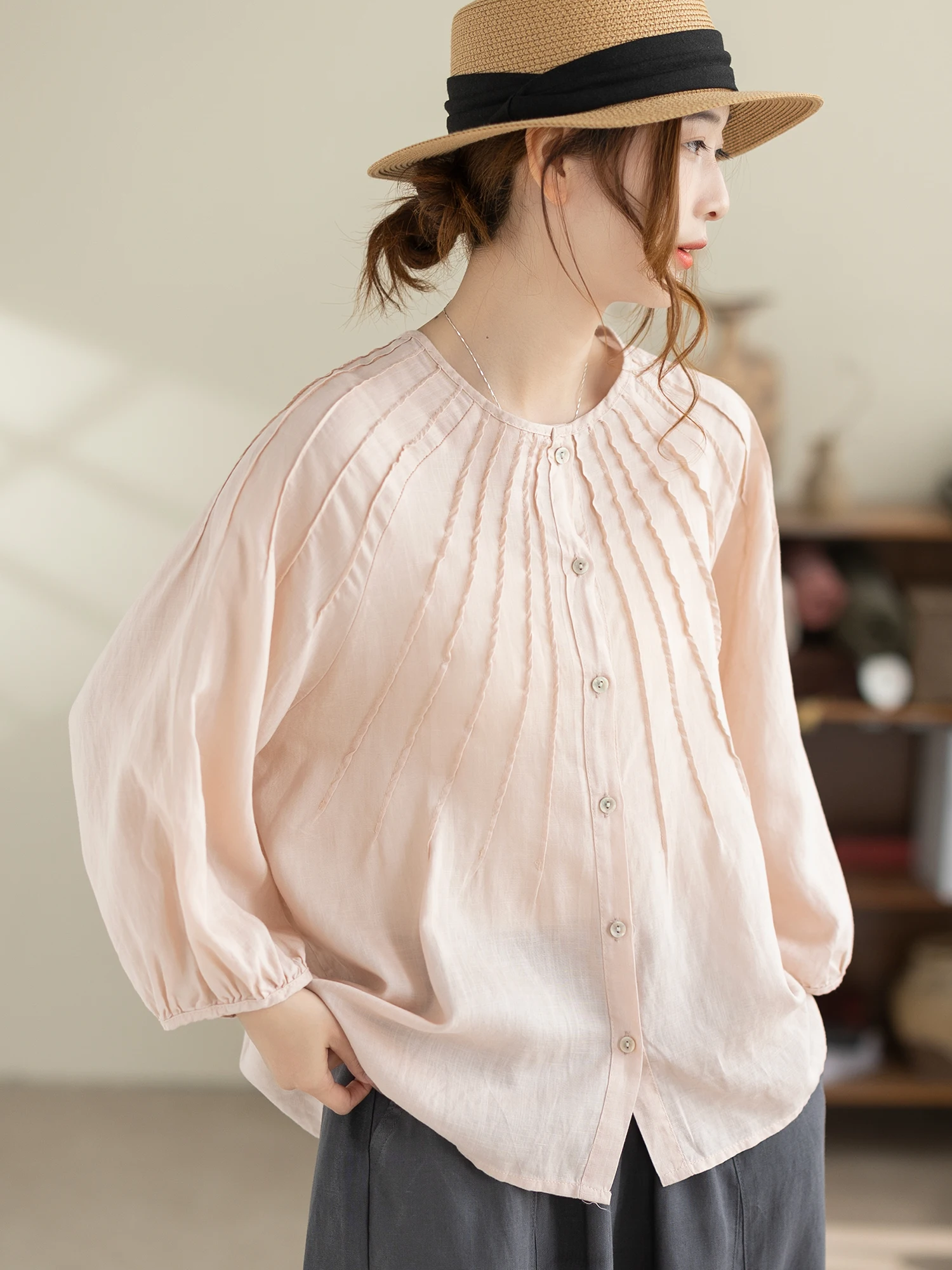 

Kamiyu Summer Silk Women's Shirt Three-Quarter Sleeve Loose Lantern Sleeve round Neck Design Fashionable Top Elegant Style