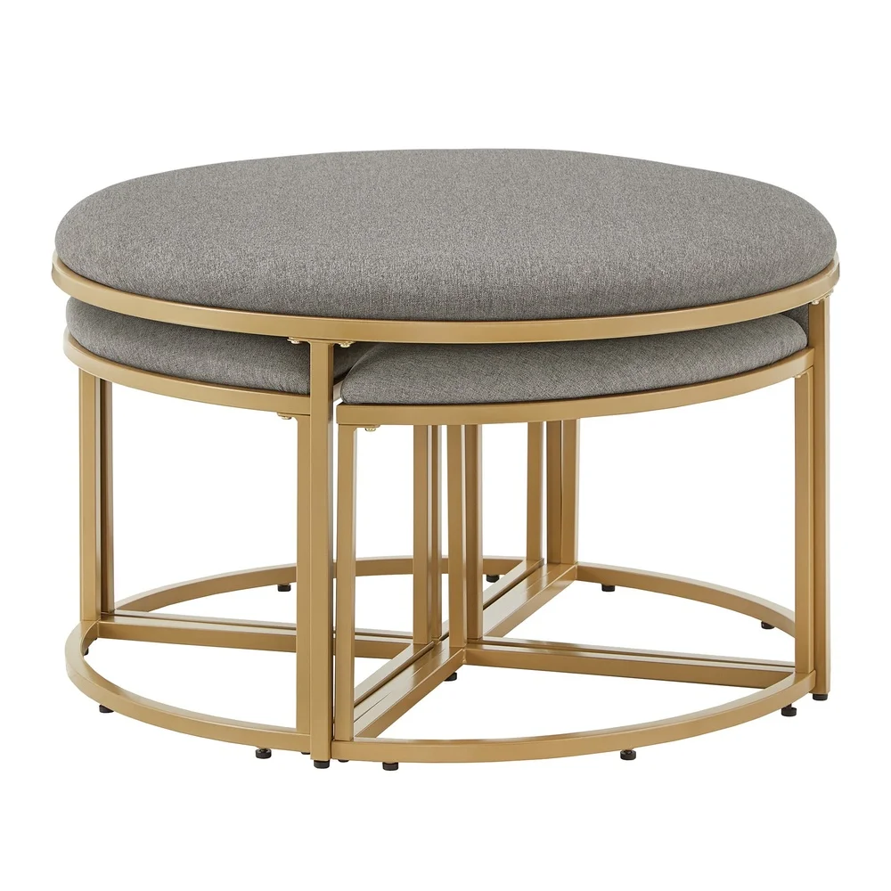 Modern Round Coffee Table with 4 Nesting Stools Multi-Functional Space Saving Upholstered Fabric Foam Padding Indoor Use Glam