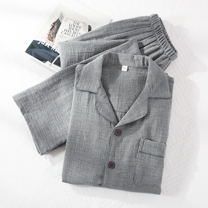 

Новинка весны/лета 2025, мужской пижамный комплект, 100% хлопок, тонкие брюки с короткими рукавами, большой размер, клетчатый комплект для домашнего интерьера