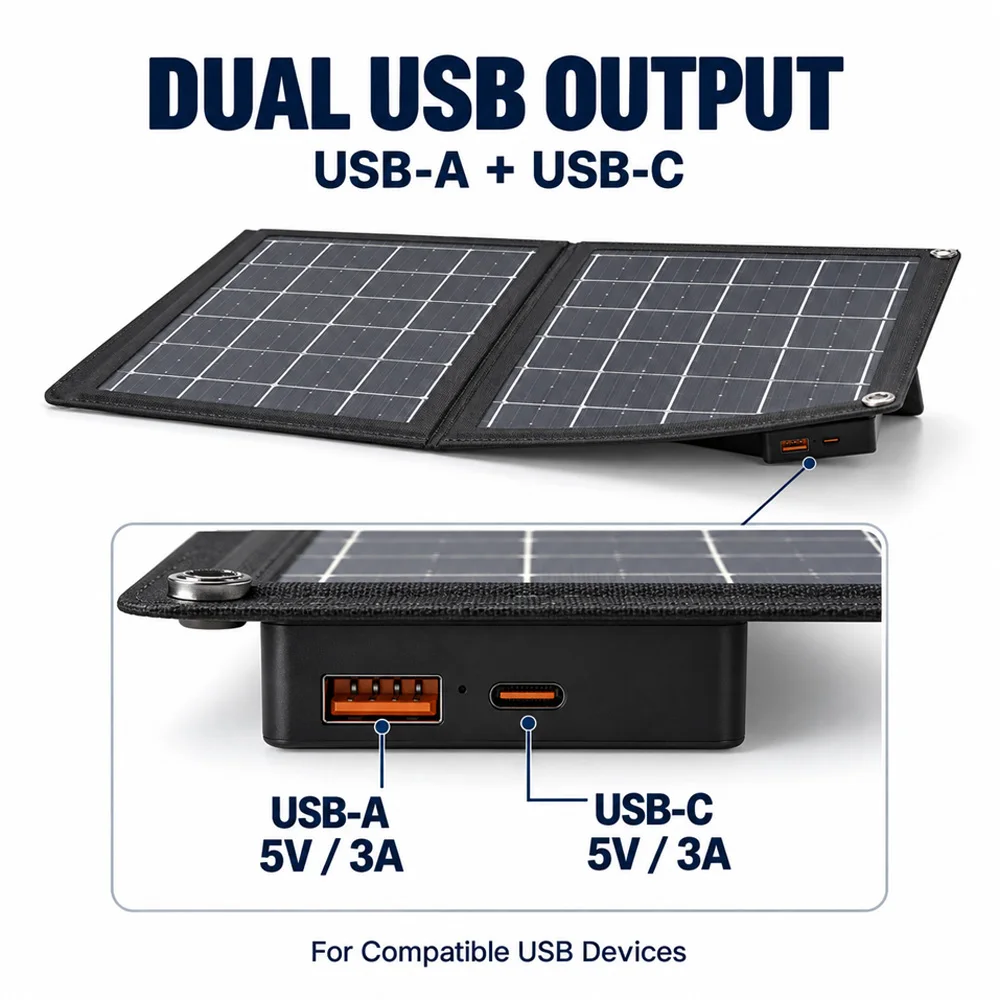 15W Folding Solar Panel Charger USB 5V Output Waterproof Portable Solar Phone Chargers for Camper, Travel, RVs & Boats