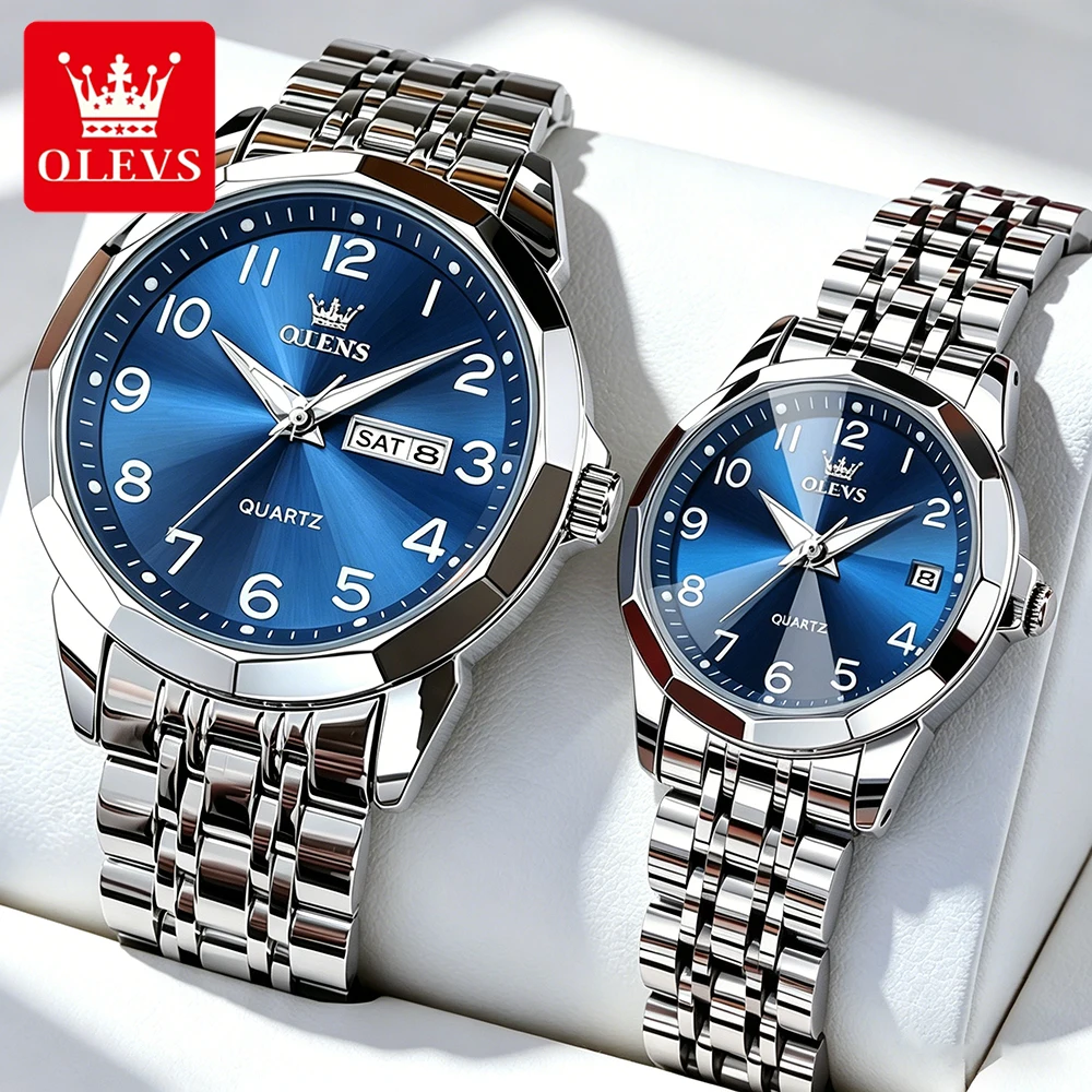 OLEVS Premium Couple Watches Luxury Elegant Business Stainless Steel Strap  Fashion Quartz Wristwatch Valentine's Day Lover Gift