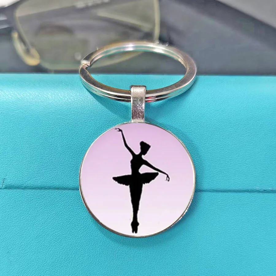 Vintage Elegant Ballerina Dancer Keychain Glass Art Cabochon Round Key Ring Ballet Dance Charm Gift For Women Dance Lovers