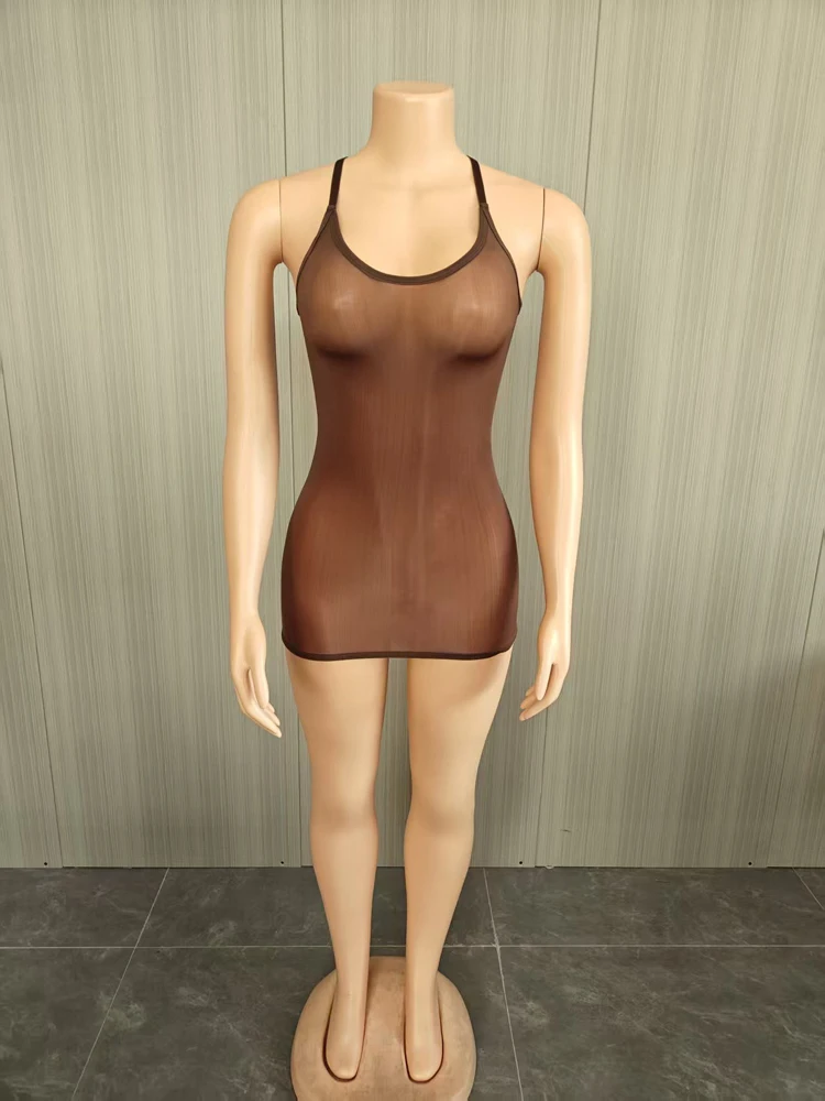 2026 Sommer Damen Sexy Transparentes Mesh-Minikleid mit Spaghettiträgern, V-Ausschnitt, Durchsichtig, Figurbetont, Hochelastisch, für Mitternachtspartys und Clubwear – Detail 7