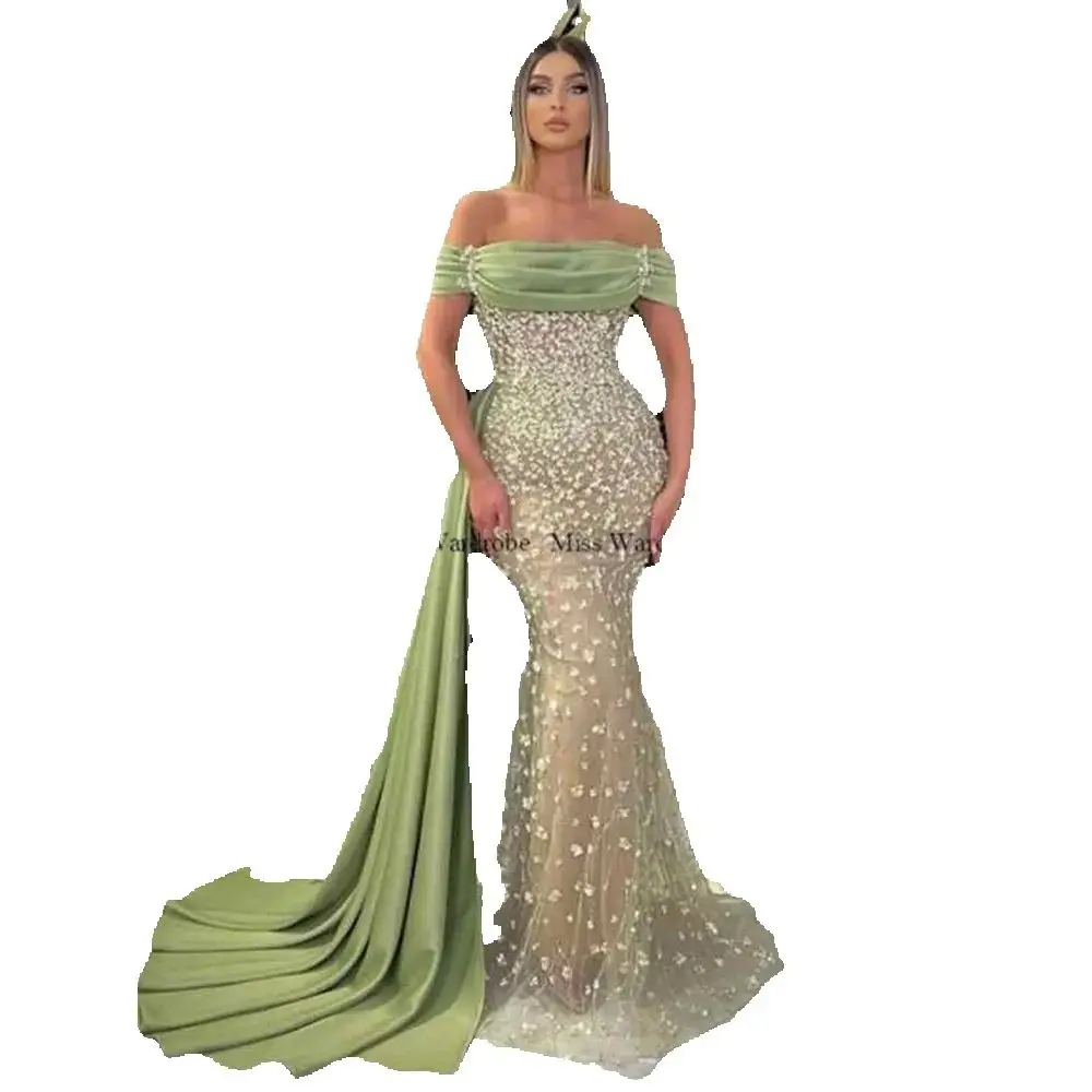 Sparkling Sage Evening Dresses Mermaid Party Prom Gowns Beading Strapless Wedding Guest Dress 2024 Off Shoulder Sleeve Back Out