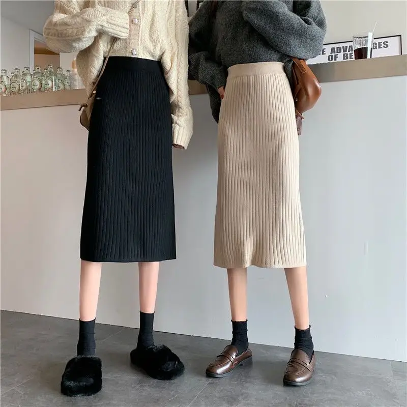 

High Elastic Waist Women Mid-length One-step Skirt Knitted Pencil Skirt Autumn Split Skirts Female Winter Solid Knitting T464