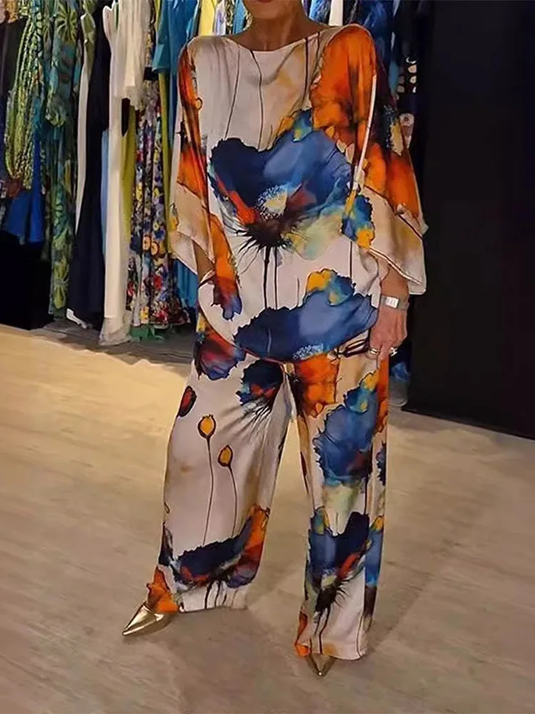 Summer Satin Printed Pant Suit Women Causal Loose O Neck Shirt Wide Leg Pants 2piece Set 2024 Female Streetwear Outfits