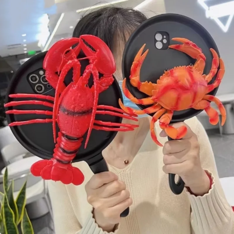 

Funny Squeaker 3D Lobster Crab Frying Pan Case For iPhone 14Pro MAX 15 14 13Pro XSmax XR Funny Creative frying pan Hard Shell