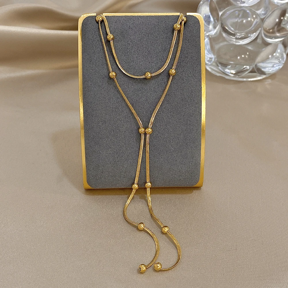 Fashion Beaded Stainless Steel Necklace for Women Minimalist Gold Color Double Layer Long Pendant Necklaces Party Jewelry