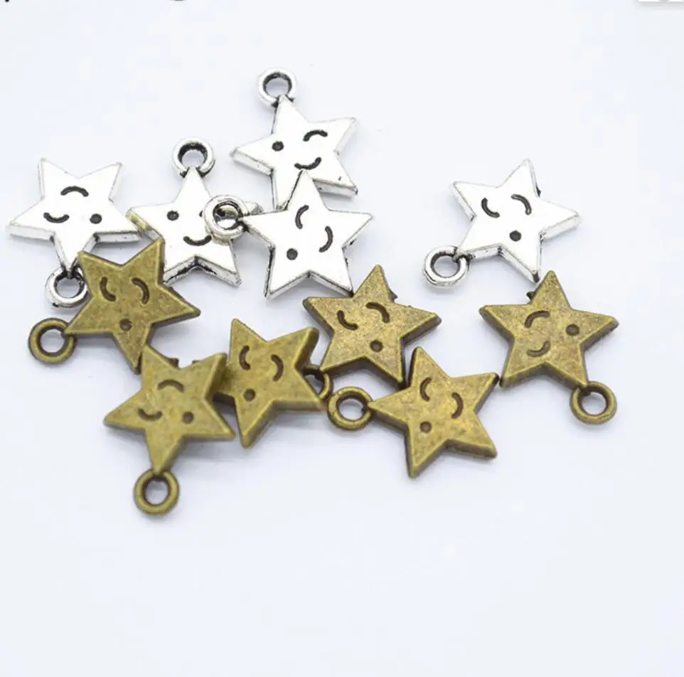 100pcs Charms Star Face 14x12mm Antique Plated Pendants Making DIY Handmade Bronze Silver Color Jewelry F0125