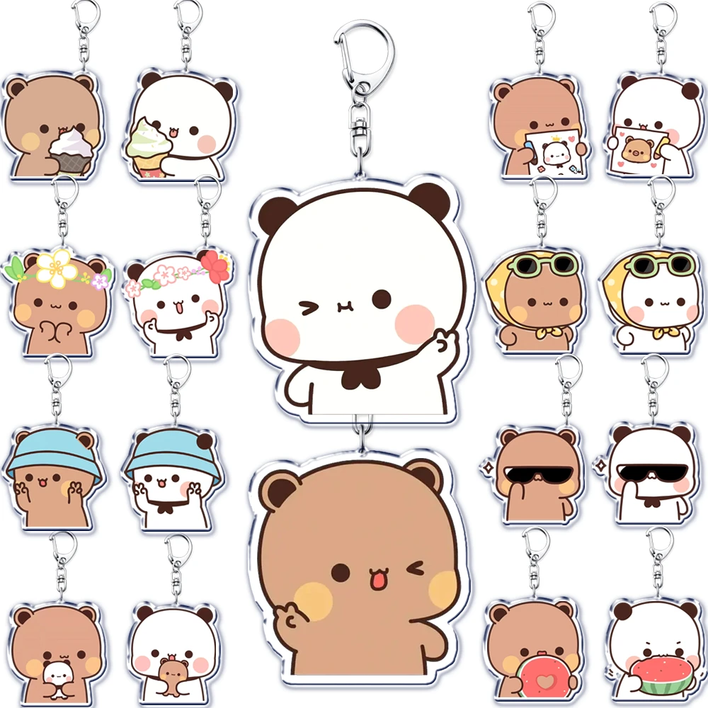 Bubu Dudu Cartoon White and Grey Couple Bears Keychains Ring for Accessories Bag Pendant Key Chain Jewelry Fans Lovers Gifts