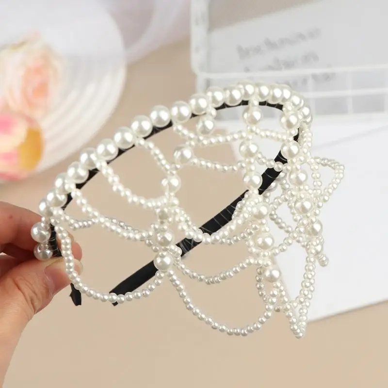 

Trendy Pearl Tassel Headband Beaded Hollow Out Forehead Decor Hair Accessories for Girls Banquet and Fashion Shows