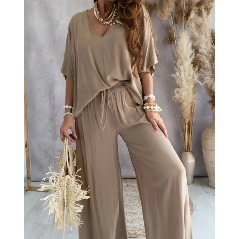 Loose Solid Color Shirt Wide Leg Pants Two-piece Set For Women 2024 Summer V-neck Bat Sleeve Top Lace Up Casual Pants Set