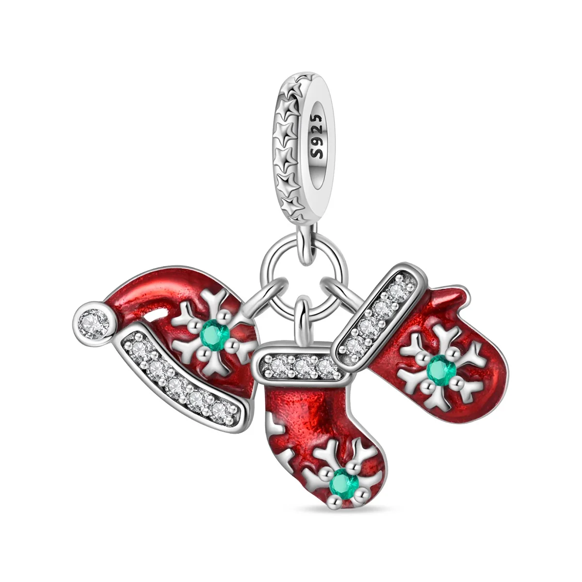 

Exquisite 100% 925 Sterling Silver Winter Warm Socks, Gloves & Hat Three-piec Dangle Charm Fits Brand Bracelet Christmas Gift