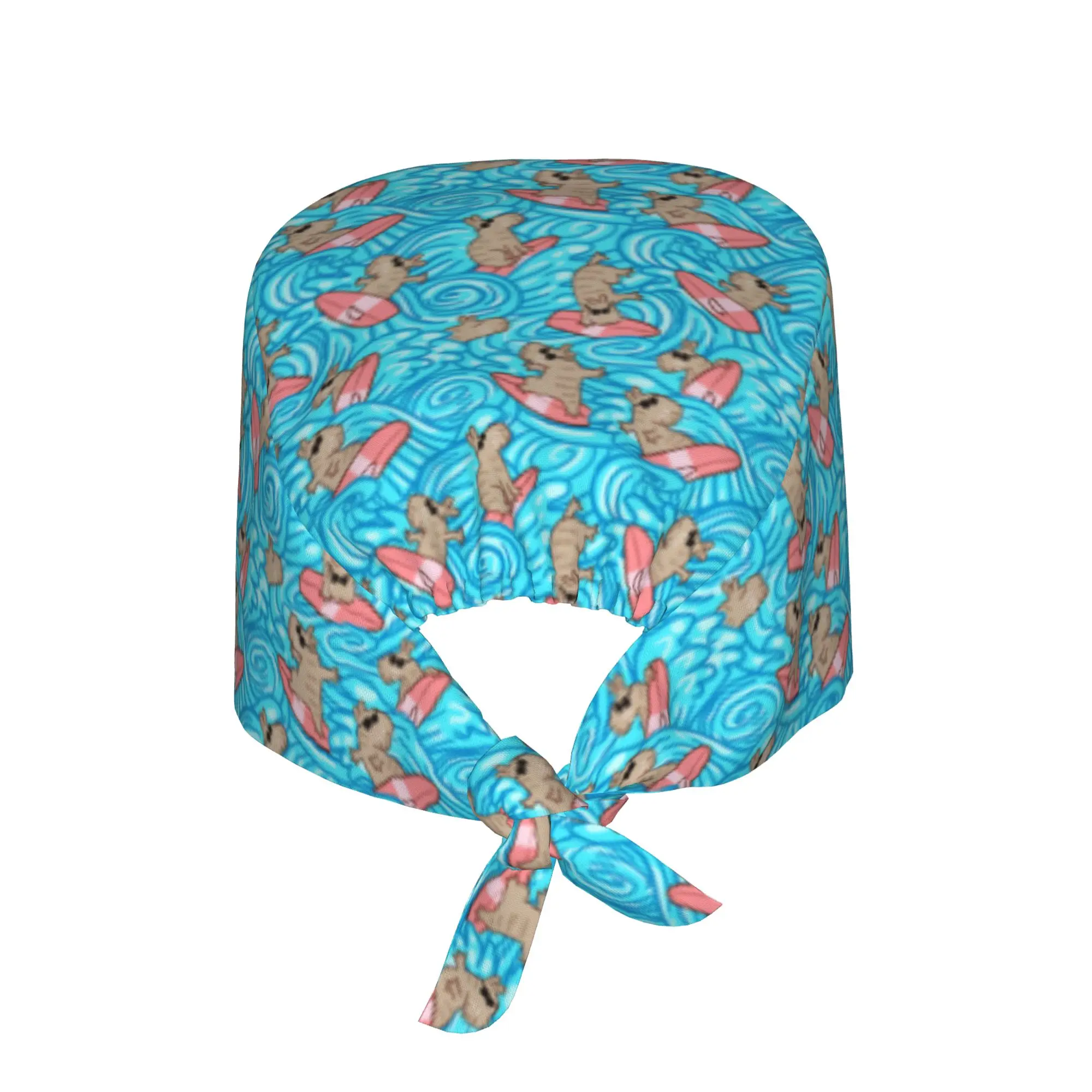 Surfing Capybaras Breathable Scrub Hat Surgical Scrub Caps Unisex Medical Cap Funny Colourful Creative Work Scrubs Hat for