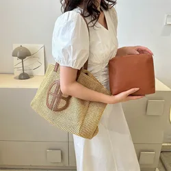 Borsa composita paglia scava fuori Totes in maglia borsa a tracolla fatta a mano di grande capacità borsa da spiaggia Casual firmata da donna stile etnico