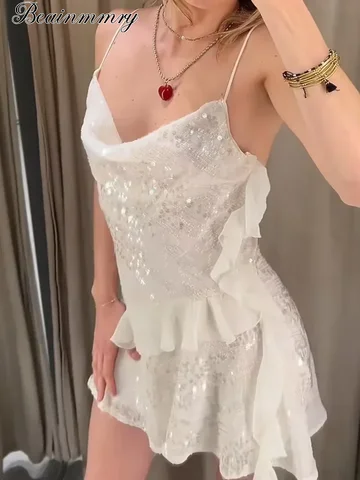 Zarif Beyaz Pullu Elbiseler kadın 2025, Halter Boyun Backless vestidos Katmanlı Fırfır V Yaka Kolsuz Yaz Parti Balo Elbise