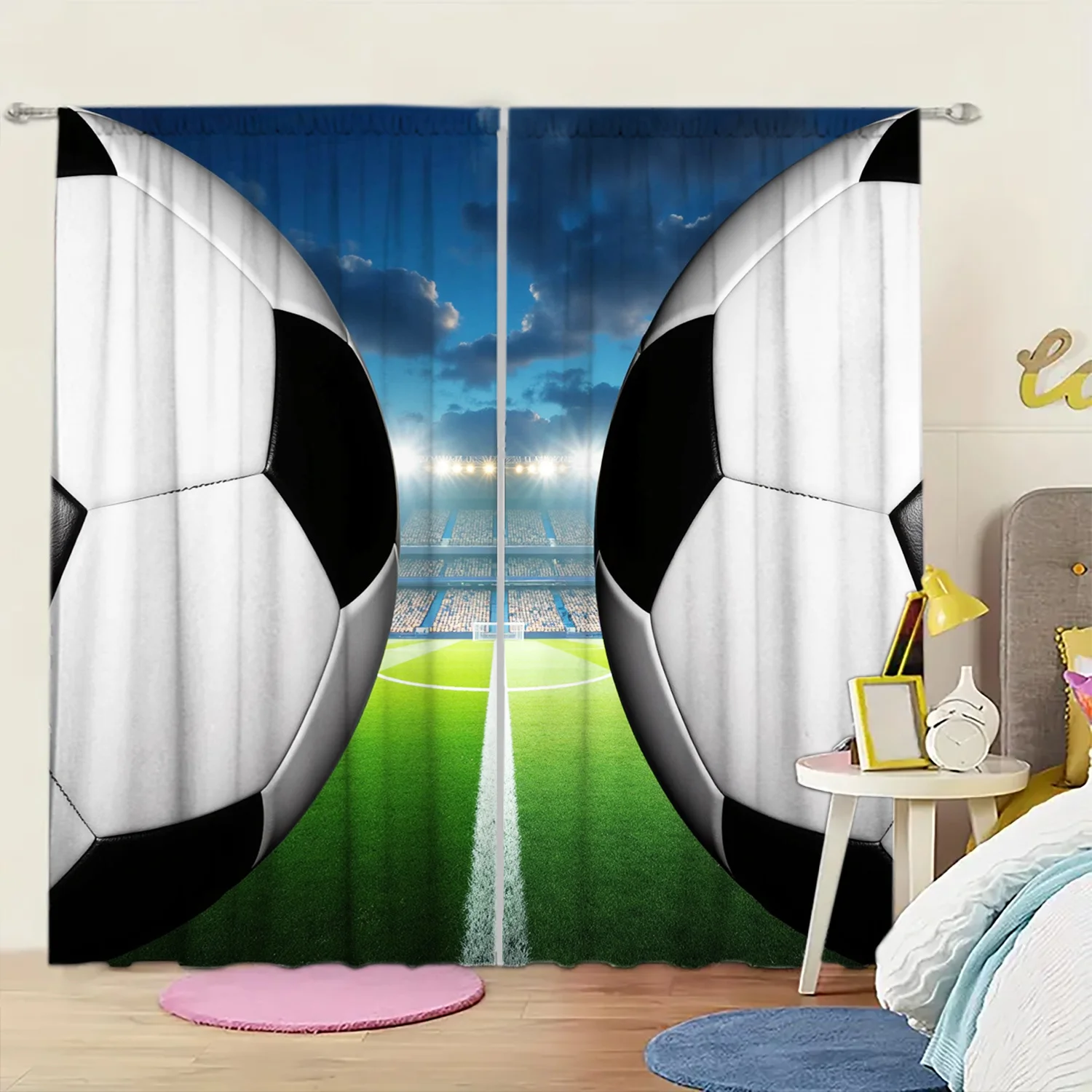 3D Soccer Ball Print Curtains, Football Stadium View Blackout Drapes for Boys Room, Sports Theme Home Decor Window Treatment