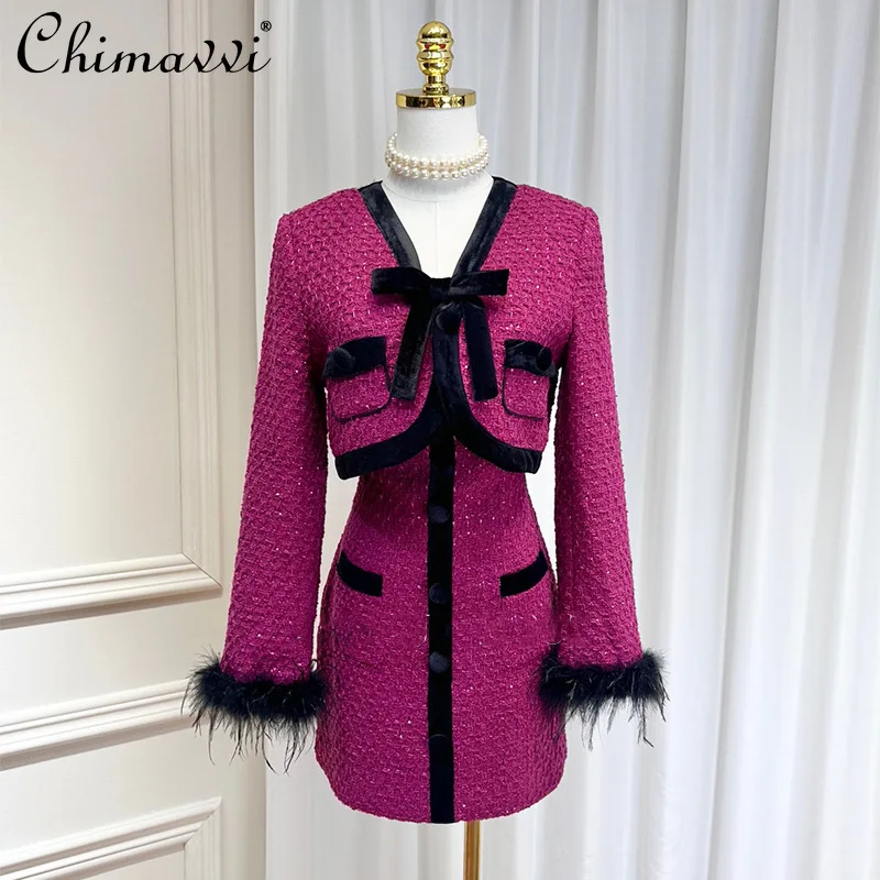 

French Elegant Contrast Color Feather Stitching Long Sleeve Cropped Jacket Top Velvet Bow Suspender Short Dress Women Autumn