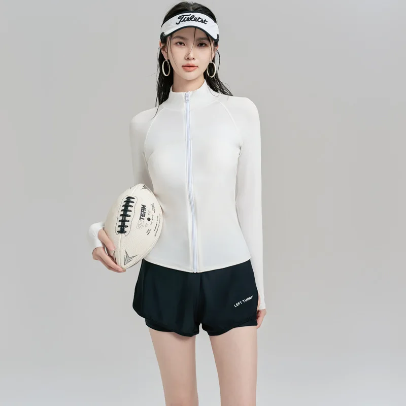 قميص سباحة نسائي مكون من قطعتين بأكمام طويلة مع حمالة صدر مدمجة، قميص سباحة مع شورت سفلي، ملابس رياضية مائية سريعة الجفاف #5