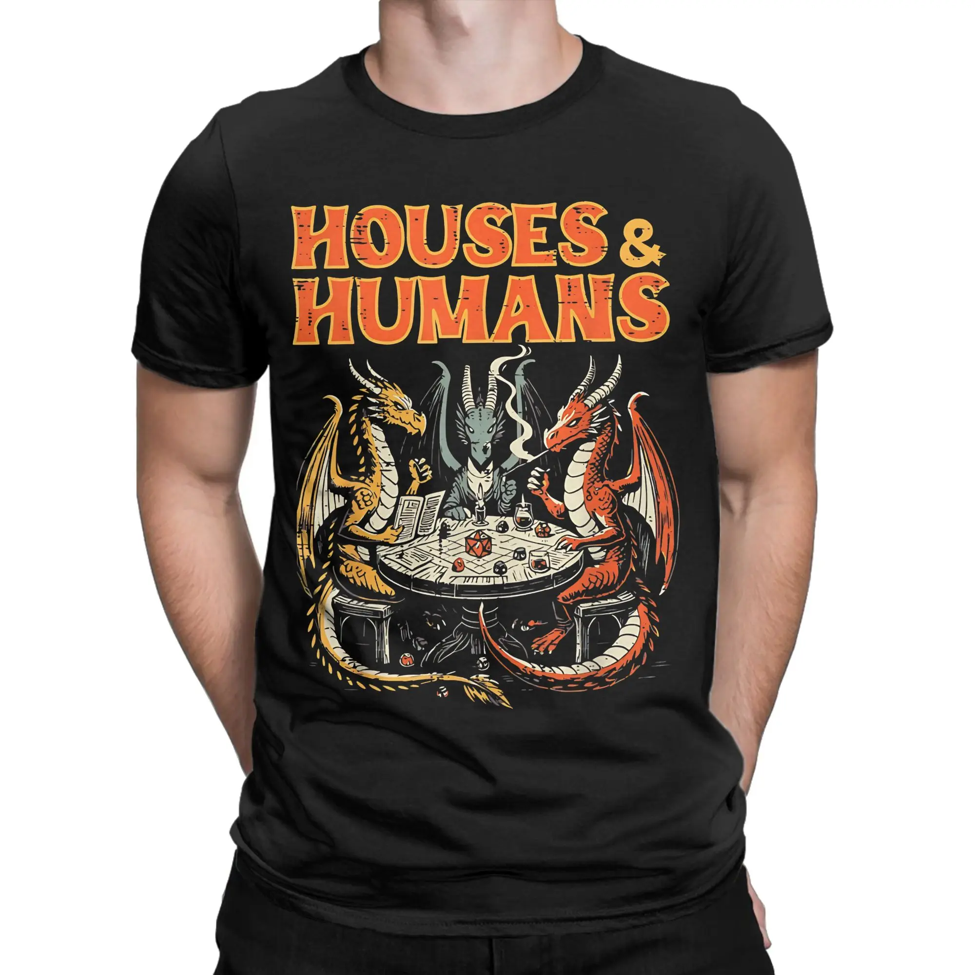 Houses And Humans Playing Dice Funny RPG Gaming  T-Shirts  DnD Novelty Cotton Tees Round Neck Short Sleeve T Shirt 4XL 5XL 6XL