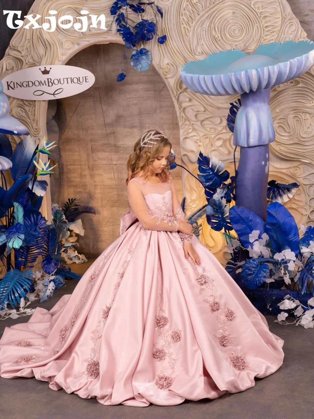 Blush Pink Satin Flower Girl Dress Luxurious Beaded 3D Floral Long Princess Gown For Kids Birthday Party Pageant Dress2-14Y