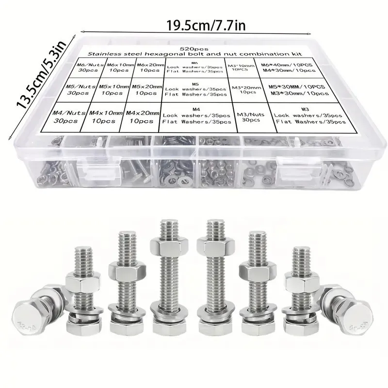 Comprehensive 520 Piece Stainless Steel Fastener Kit with Hex Bolts Nuts and Dual Washer Types for Repair Work