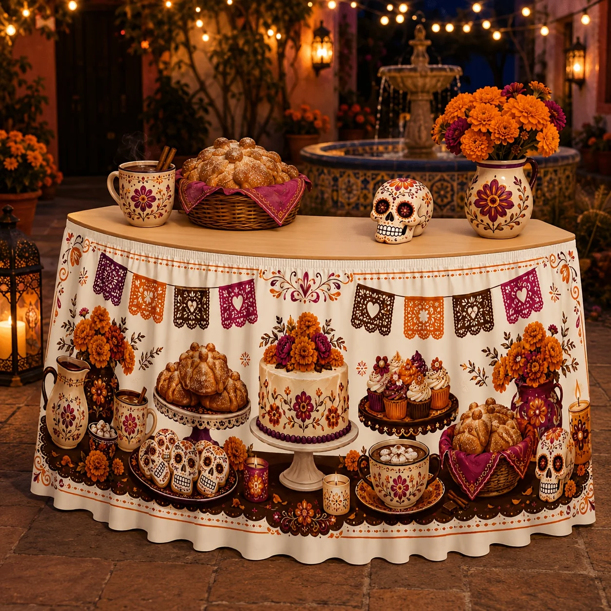 One tablecloth and table skirt, coating: Pan De Muerto (Deadly Festival) cake, sugar skull cookieszyc