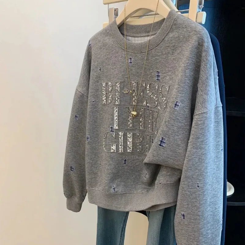 

Embroidered Sequin Letters Round Neck Sweatshirt for Women Autumn Loose Pullover Top