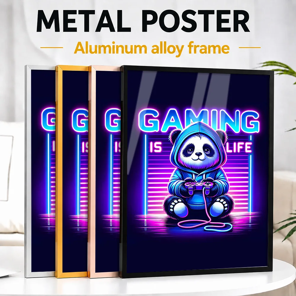 Panda Gaming Is Life Framed Metal Poster Personalized Photo Cozy Pixel Style Wall Art For Reading Nook Premium Collector Gift