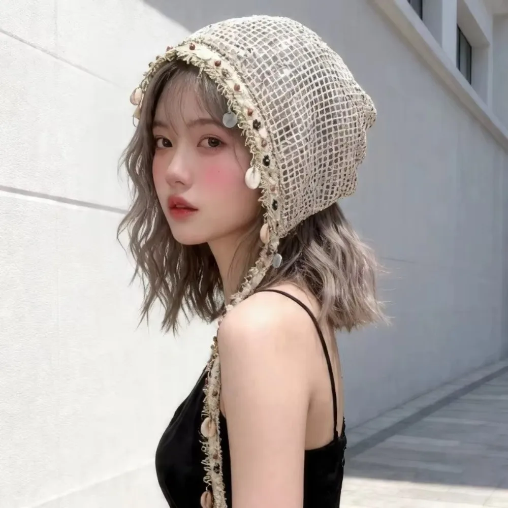 Elegant Hollow Out Mesh Beanie Cap Bohemian Shell Tassel Design Slouchy Hat Breathable Pullover Hat for Women