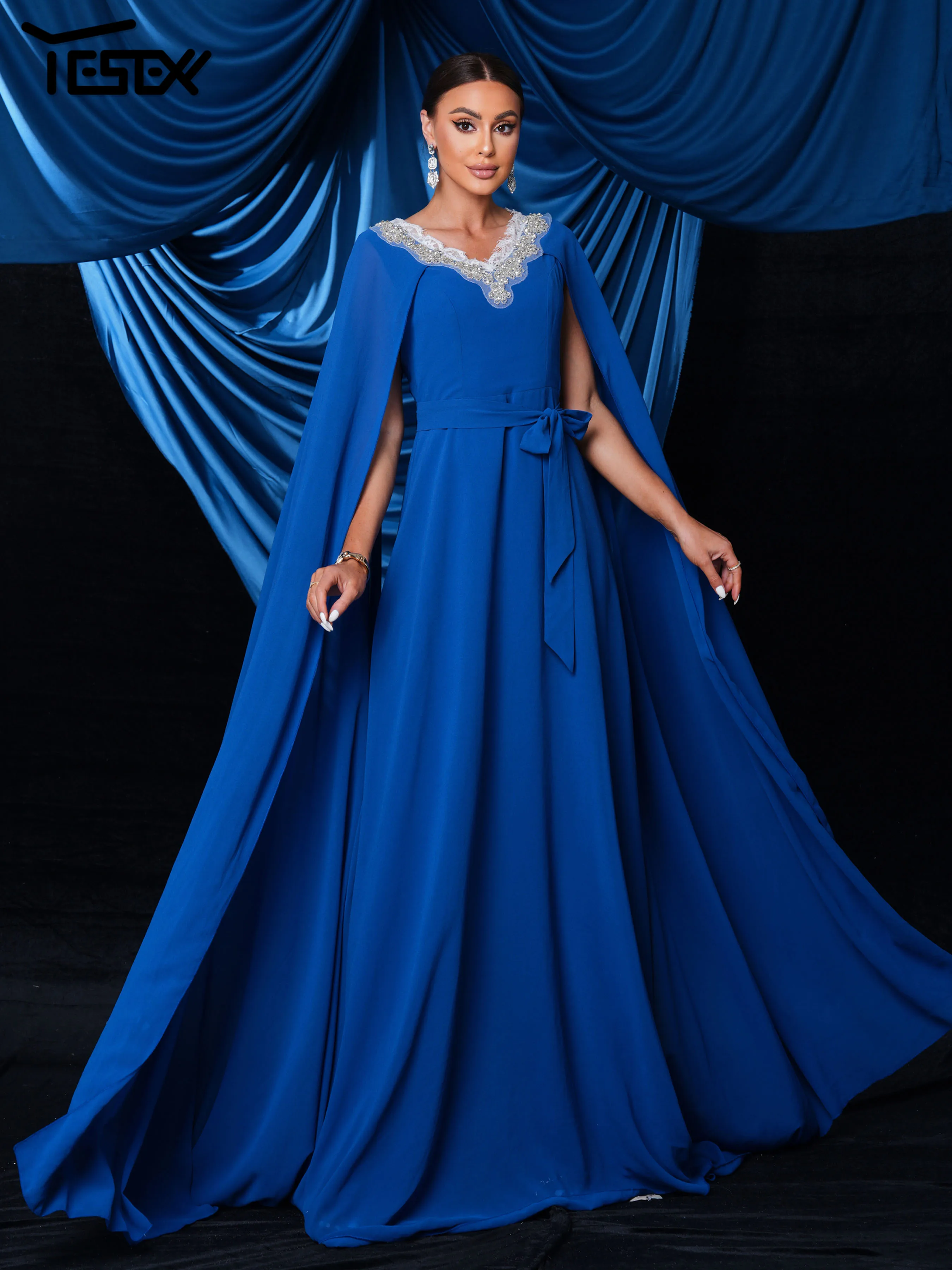 

Yesexy Church Dress Blue V Neck A Line Evening Gown Extended Flowing Sleeves Formal Occasion High Quality Luxury Dress