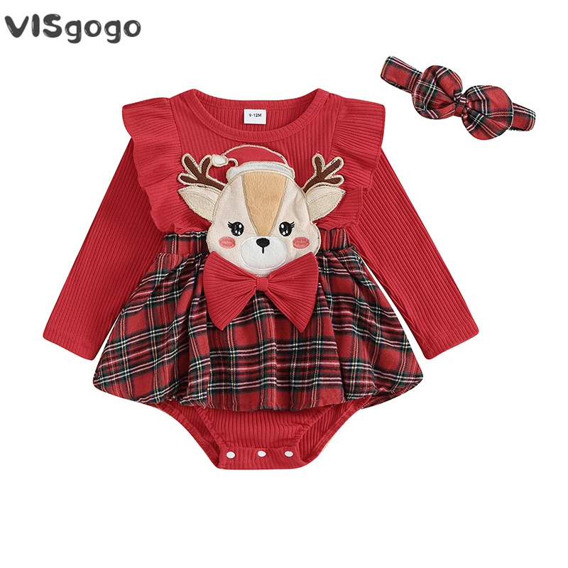 

VISgogo Baby Girls Christmas Romper Dress Long Sleeve Elk Embroidered Plaid Patchwork Romper with Headband Newborn Xmas Outfit