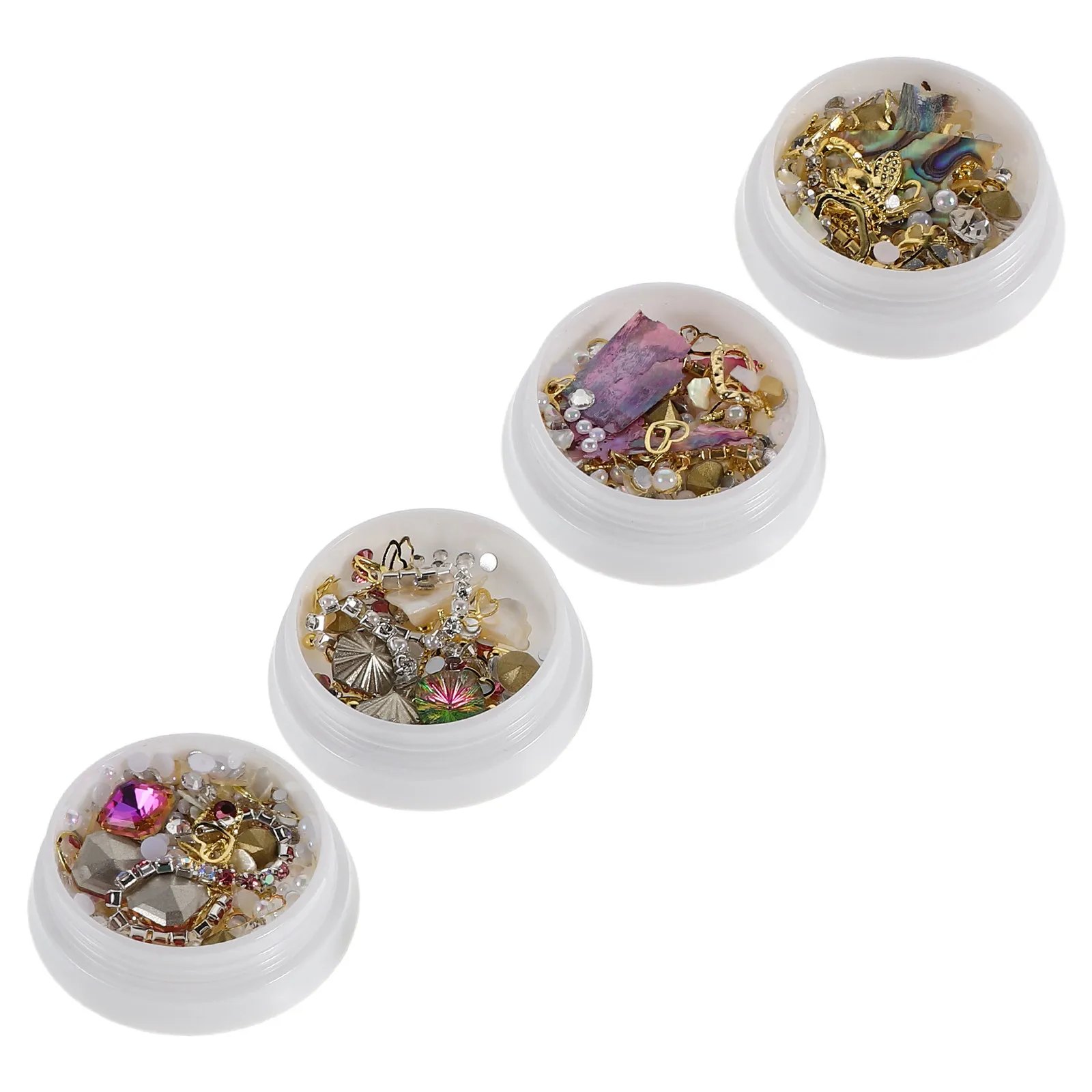 

4 коробки декоративных элементов для ногтей: смесь ракушек, страз, жемчуга с плоским основанием, металлических цепочек для DIY маникюра, пляжных вечеринок, элегантного дизайна