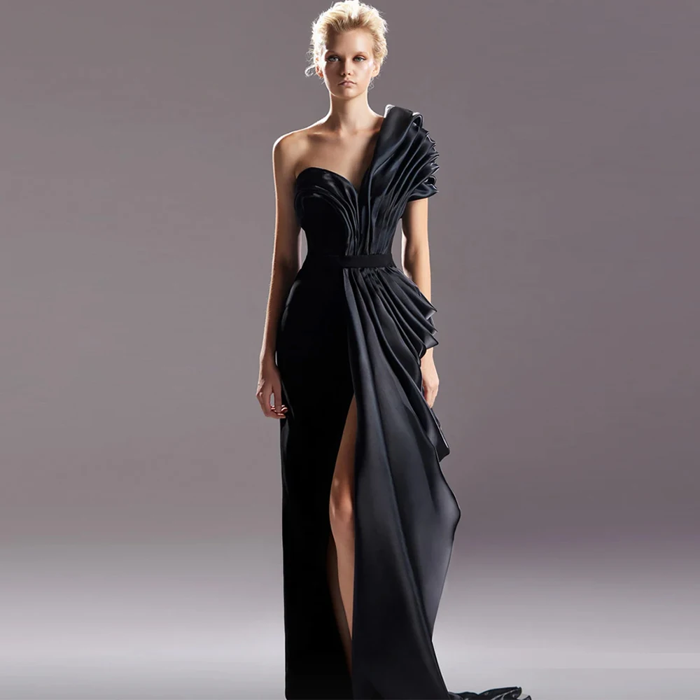 CustomizedCustomized Elegant Zipper Back One Shoulder Jersey Evening Dresses Formal Draped Front Slit Sheath Sweep Train Saudi A