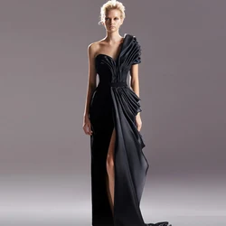 Elegant Black One Shoulder Customized Evening Dress Formal High Split Zipper Back Homecoming Dresses Special Occasion Gowns