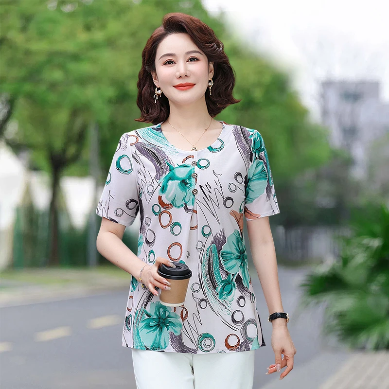 Ropa femenina ajustada a la moda elegante, camisetas holgadas informales que combinan con todo, blusa de manga corta con cuello redondo estampada