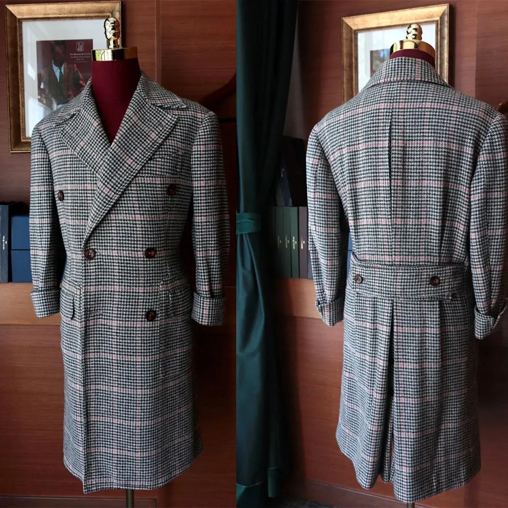 Customized Wool Plaid Check Men Long Coat Winter Warm Double Breasted Groom Party Prom Jacket Business Wear Outfit One Piece