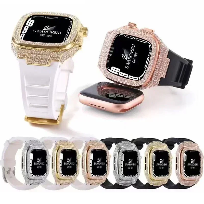 Diamond Case for Apple Watch Band 10 9 8 7 46MM 45MM Stainless Steel Case Modification Kit Rubber Strap for IWatch 6 5 SE 44mm