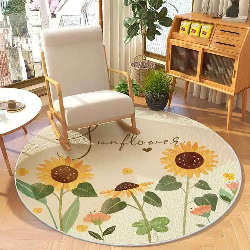 

Sunflower Pattern Round Living Room Carpet Simple Decorative Bedroom Furry Mat Ins Bedside Sofa Rugs Children Soft Play Area Rug