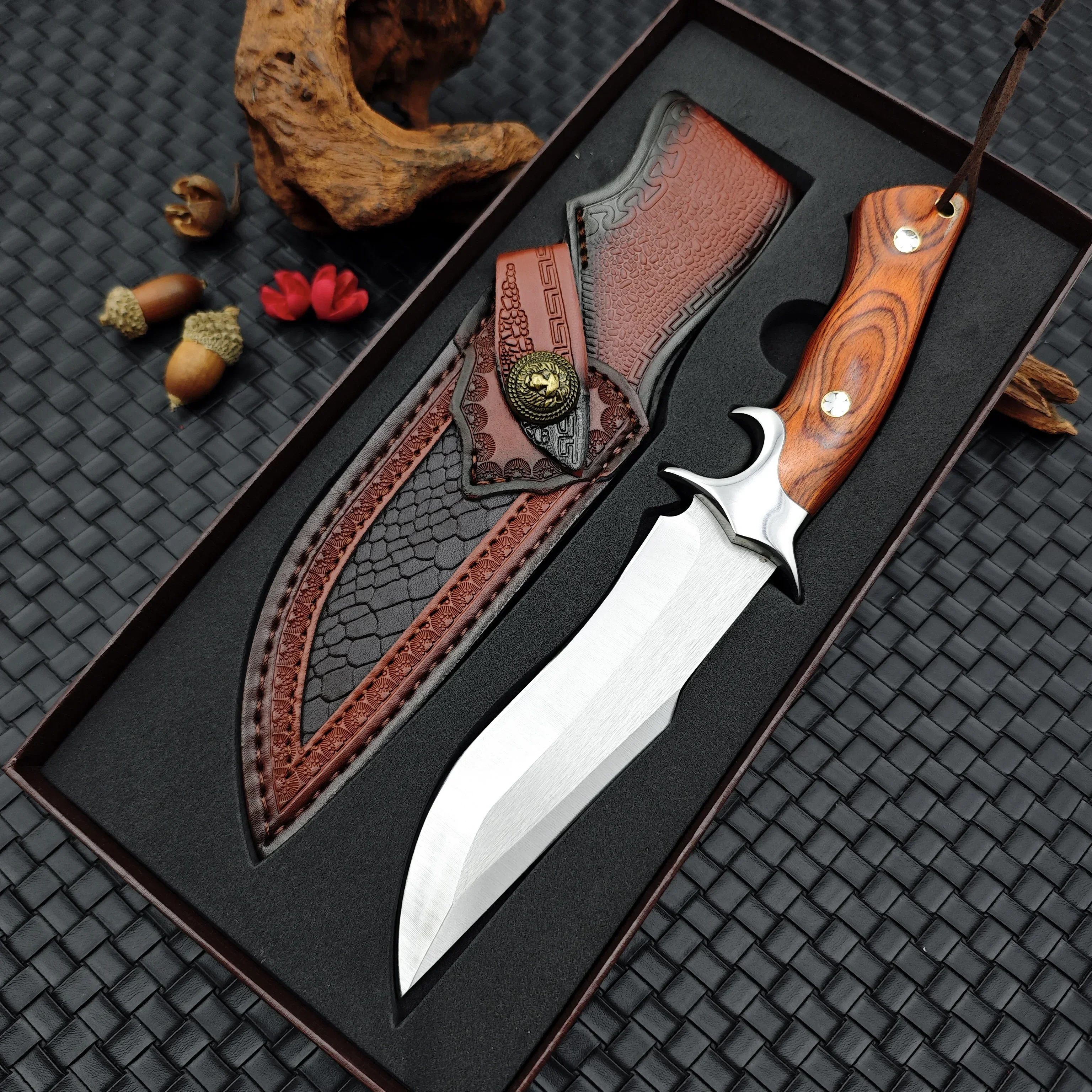 

M390 Blade Wood Handle Tactical Knife Edc Self defense Combat Knives Hunting Tool Camping edc Knife with Leather Sheat,Gift Box