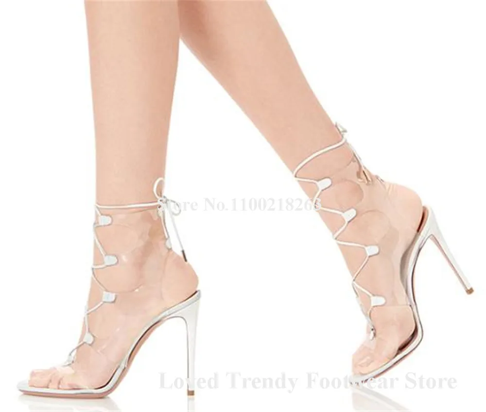 Clear PVC Patchwork Stiletto Heel Gladiator Sandals Open Toe Lace-up Transparent Thin Heel Dress Shoes Wedding Heels Big Size