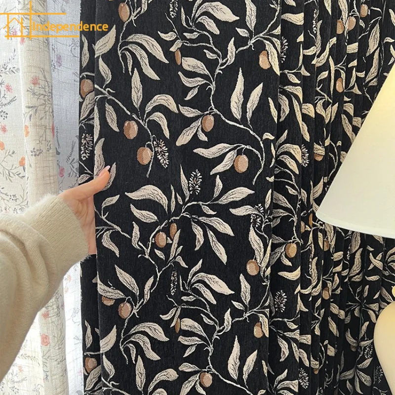 French Hawthorn Black and White Antique Jacquard Wood Ear Edge Splicing Curtains for Living Room Bedroom French Window Screen