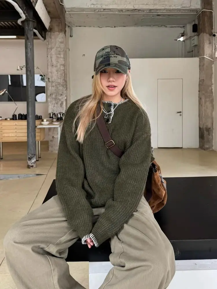 

American retro spicy girl commuting home knitted sweater Autumn Henry collar niche design loose casual women's top