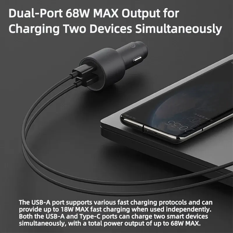 Xiaomi Mi Car Charger 100W MAX 1A1C Fast Charging Dual-port USB-A USB-C Smart Device Fully Compatible With Light Effect Display