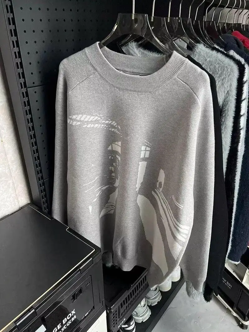 

American Retro Vintage Art Silhouette Print Knitwear Men's Loose Casual INS Top Autumn Winter Polyester Fiber Warmth
