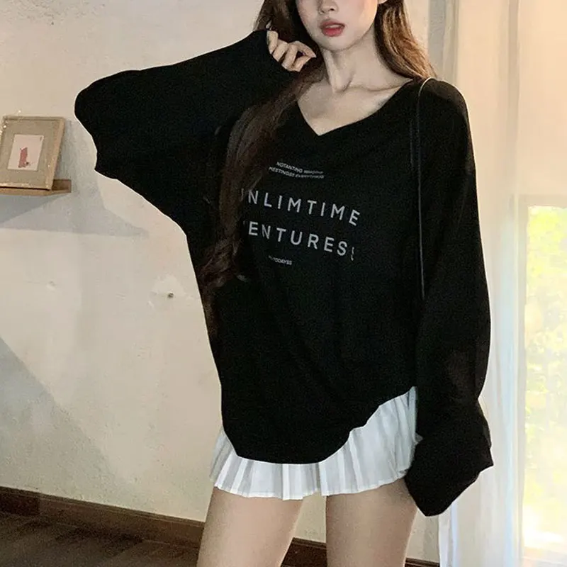 Casual V-Neck Letter Printed T-shirts Spring Autumn Loose Round Neck Women's Clothing Basic Long Sleeve Korean Stylish Pullovers