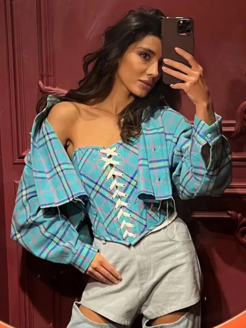 

Женская сексуальная клетчатая рубашка в стиле ретро, комплект из двух предметов, уличная одежда, бандажный корсет для девочек, короткие рубашки с отложным воротником и длинными рукавами, пальто синего цвета