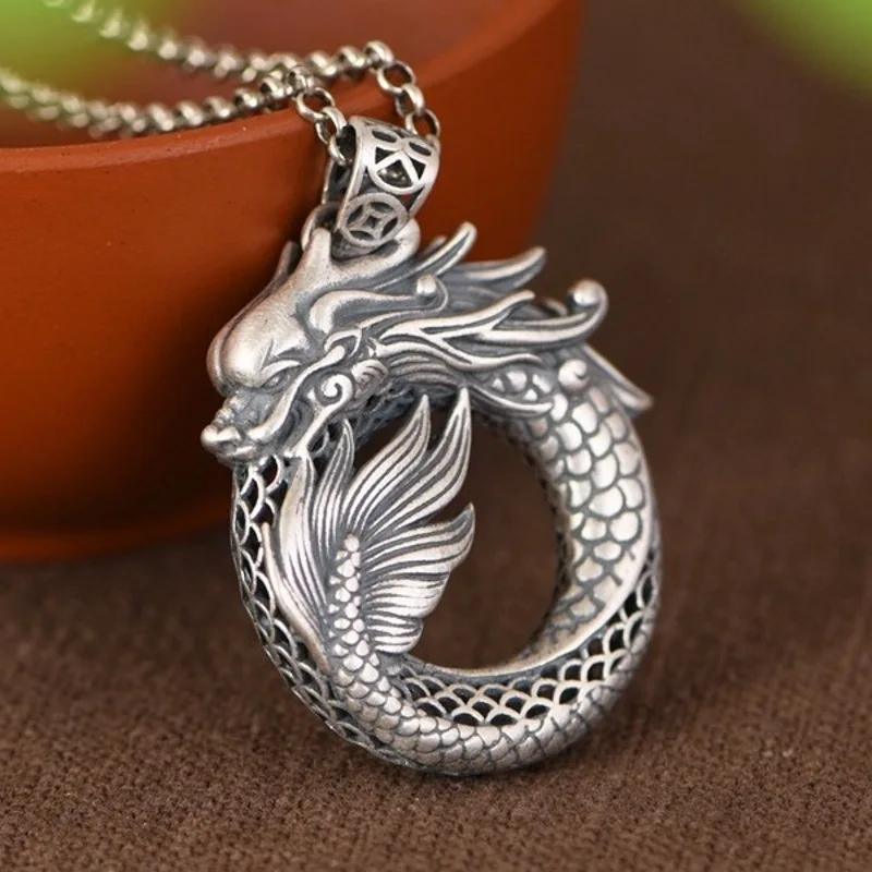 

Real Pure 999 Fine Silver Men Women Lucky Retro Hollow Dragon Circle Pendant 8-9g